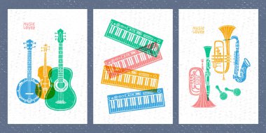 Müzik aletleri, gitar, keman, keman, klarnet, banjo, trombon, trompet, saksafon, saksafon, müzik sever sloganı grafik t shirt tasarım posterleri için baskılar kapsar. Elle çizilmiş vektör illüstrasyonu.