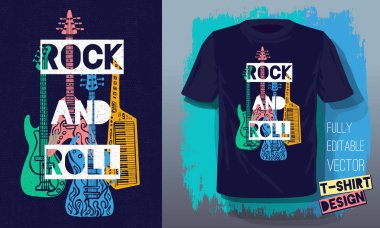 Rock and Roll müzik yazı sloganı retro skeç tarzı elektrik gitar, bas gitar, piyano için t shirt tasarım baskı posterler çocuk erkek kızlar. Elle çizilmiş vektör illüstrasyonu.