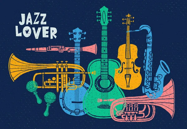 Instrumentos musicais, guitarra, violino, violino, clarinete, banjo, trombone, trompete, saxofone, saxofone, jazz amante slogan gráfico para t-shirt design posters prints. Ilustração vetorial desenhada à mão . —  Vetores de Stock