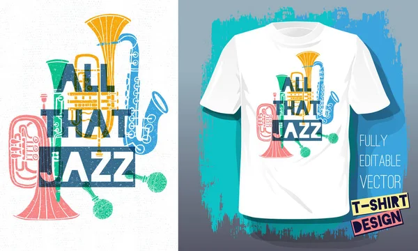 Wszystko, co Jazz napis slogan retro styl szkic instrumenty muzyczne saksofon, trąbka, klarnet, puzon dla t shirt projekt druku plakaty dzieci chłopców dziewcząt. Ilustracja wektorowa rysowane ręcznie. — Wektor stockowy