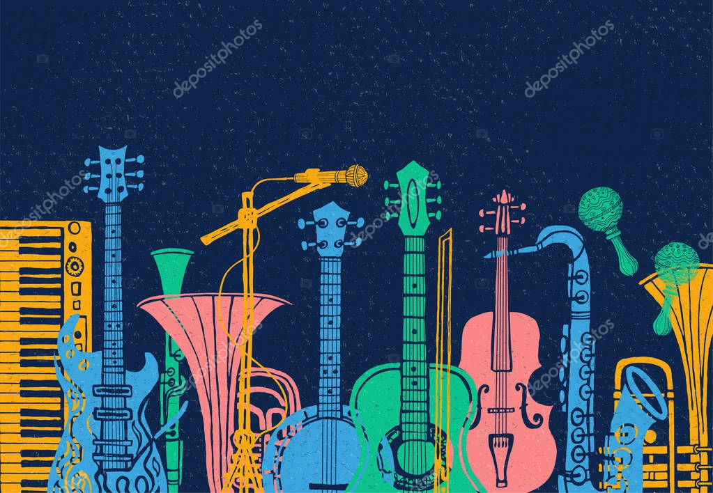 Musical instruments, guitar, fiddle, violin, clarinet, banjo, trombone, trumpet, saxophone, sax, music lover slogan graphic for t shirt design posters prints. Hand drawn vector illustration.