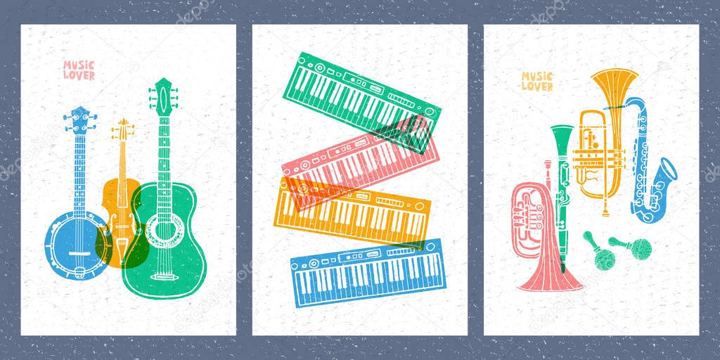 Musical instruments, guitar, fiddle, violin, clarinet, banjo, trombone, trumpet, saxophone, sax, music lover slogan graphic for t shirt design posters prints covers. Hand drawn vector illustration.