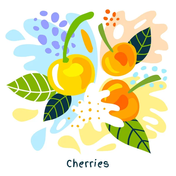 Frische Kirschen Beeren Früchte Saft Spritzer Bio-Lebensmittel saftige Spritzer auf abstrakten Hintergrund Vektor — Stockvektor