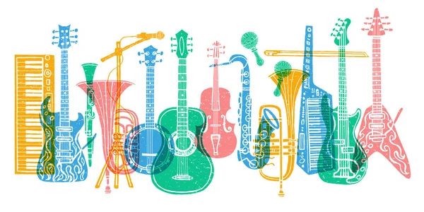 Instrumentos musicais, guitarra, violino, violino, clarinete, banjo, trombone, trompete, saxofone, sax, slogan amante da música gráfico para estampas de cartazes de design de t-shirt. Ilustração vetorial desenhada à mão . — Vetor de Stock