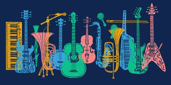 Instrumentos musicales, guitarra, violín, violín, clarinete, banjo, trombón, trompeta, saxofón, saxo, lema gráfico amante de la música para estampados de carteles de diseño de camisetas. Ilustración vectorial dibujada a mano . — Vector de stock