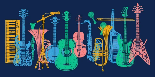 Strumenti musicali, chitarra, violino, violino, clarinetto, banjo, trombone, tromba, sassofono, sassofono, slogan grafico amante della musica per le stampe di poster di design di t shirt. Illustrazione del vettore disegnato a mano . — Vettoriale Stock