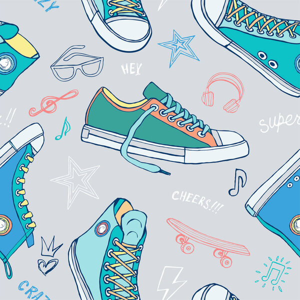 Seamless pattern sneakers for cover, textile, fabric, t shirt design. Street fashion sport style shoes lettering doodles message. Hand drawn vector illustration.