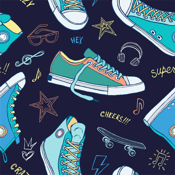 Seamless pattern sneakers for cover, textile, fabric, t shirt design. Street fashion sport style shoes lettering doodles message. Hand drawn vector illustration.