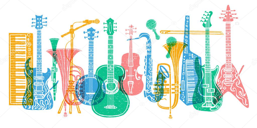 Musical instruments, guitar, fiddle, violin, clarinet, banjo, trombone, trumpet, saxophone, sax, music lover slogan graphic for t shirt design posters prints. Hand drawn vector illustration.