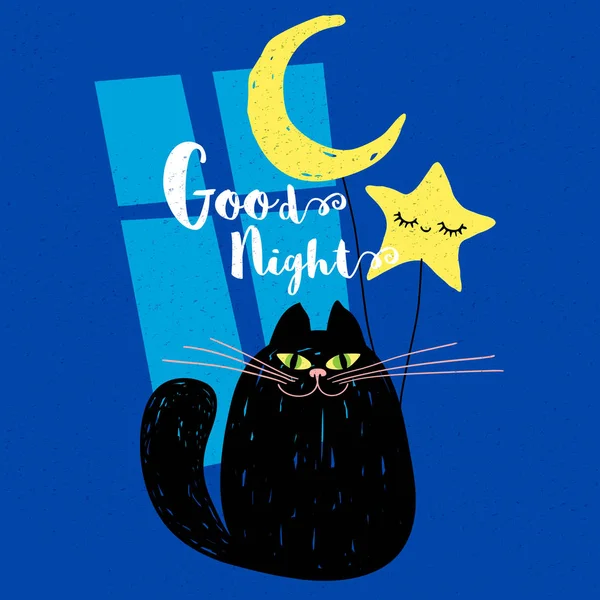Goede nacht schattig glimlach zwarte kat met maan en schattige ster. Schets grappige stijl voor kaart, cover, banner, t shirt. Hand getekende vector illustratie. — Stockvector