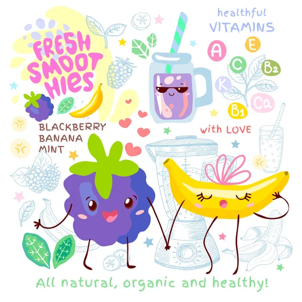 Receta de batido fresco lindos caracteres kawaii. Ingredientes de frutas — Vector de stock