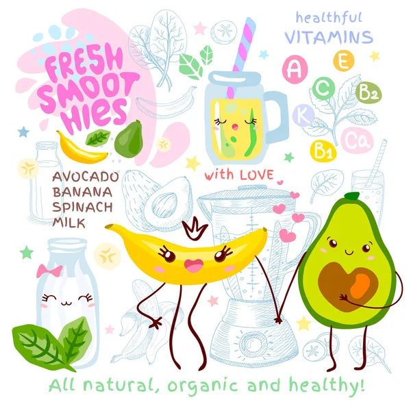 Friss smoothie recept aranyos Kawaii karakterek. Gyümölcsből készült alapanyagok — Stock Vector