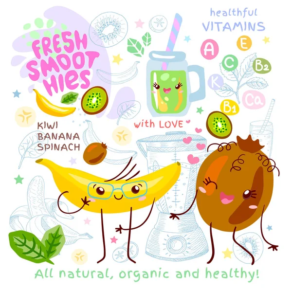 Fresh smoothie recipe cute kawaii characters. Fruits ingredients Stock Illustration