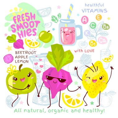 Taze smoothie tarifi sevimli kawaii karakterler. Meyve malzemeler