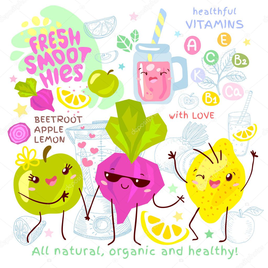 Fresh smoothie recipe cute kawaii characters. Fruits ingredients