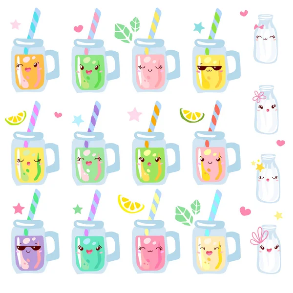 Bocaux de smoothies drôles mignons personnages mis isolé sur fond blanc. Tasses souriantes Kawaii collection de pots heureux dessin animé. Illustration vectorielle dessinée main . — Image vectorielle