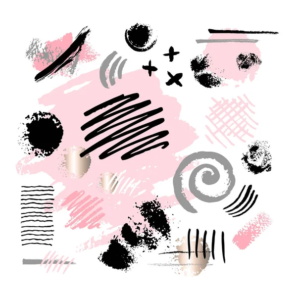 Abstrakt affisch pastell makeup stroke. Ställ skönhet kosmetiska naken pensel fläckar smeta make up Lines kollektion läppstift tygprover textur isolerad rosa guld färg linje gyllene folie konsistens. — Stock vektor