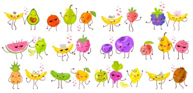 Sevimli komik meyve karakterleri beyaz arka plan üzerinde izole ayarlayın. Gülümseyen kawaii karikatür mutlu meyve koleksiyonu. Elle çizilmiş vektör illüstrasyonu.