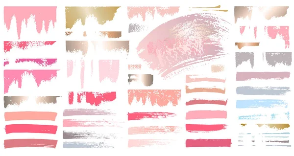 Färgrutor makeup stroke. Ställ skönhet kosmetiska naken pensel fläckar smeta make up Lines kollektion läppstift tygprover textur isolerad rosa guld färg linje gyllene konsistens. Handritad vektor illustration. — Stock vektor