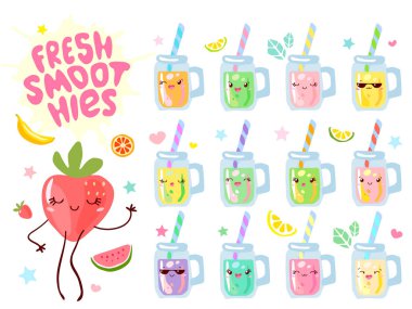 Sevimli taze smoothie suyu yoğurt kupalar kavanoz komik karakterler ayarlayın. Beyaz arka planda izole edilmiş. Gülen karikatür mutlu yüz çocuk tarzı koleksiyonu. Elle çizilmiş vektör illüstrasyonu.