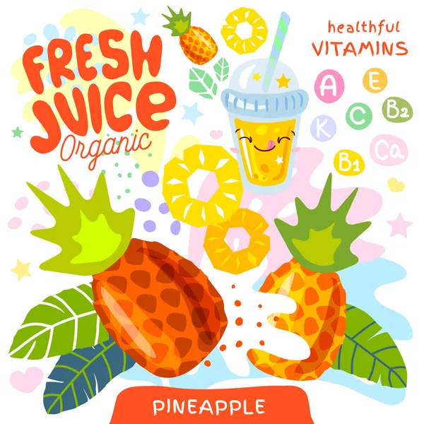 Suco fresco de vidro orgânico bonito caráter kawaii. Abstrato suculento splash fruta vitamina engraçado crianças estilo. Abacaxi tropical iogurte exótico smoothies copo. Ilustração vetorial . —  Vetores de Stock