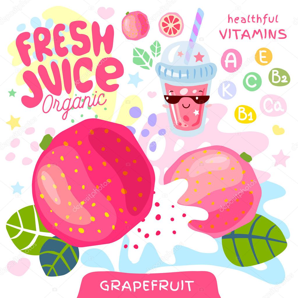 Fresh juice organic glass cute kawaii character. Abstract juicy splash fruit vitamin funny kids style. Grapefruit citrus tropical exotic yogurt smoothies cup. Vector illustration.