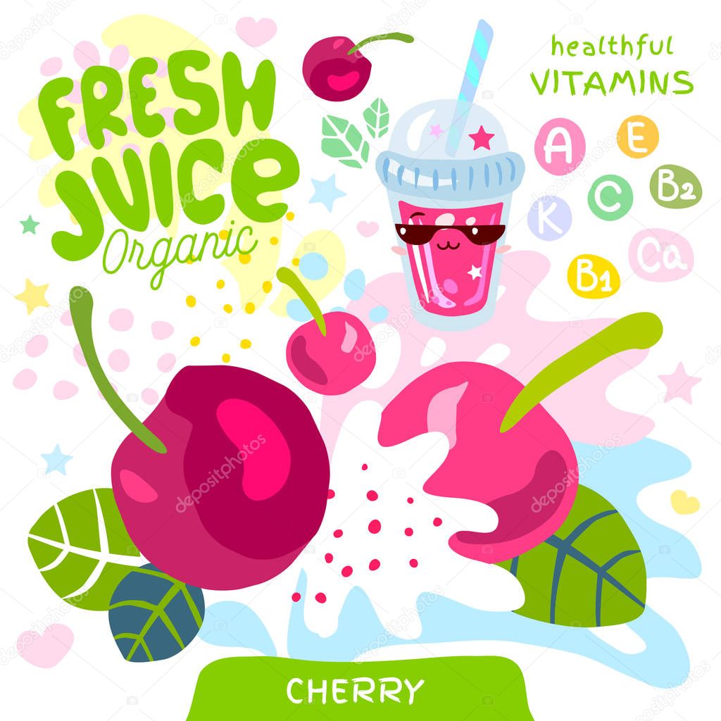 Fresh juice organic glass cute kawaii character. Abstract juicy splash fruit vitamin funny kids style. Cherry berry berries yogurt smoothies cup. Vector illustration.