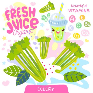 Taze meyve suyu organik cam sevimli kawaii karakter. Soyut sulu sıçrama sebze vitamin komik çocuk tarzı. Kereviz sebze yeşil smoothies fincan. Vektör çizimi.