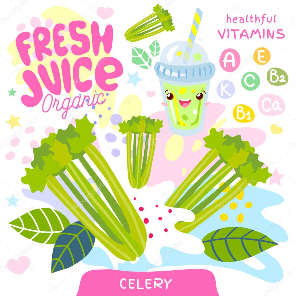 Fresh juice organic glass cute kawaii character. Abstract juicy splash vegetables vitamin funny kids style. Celery vegetable green smoothies cup. Vector illustration.