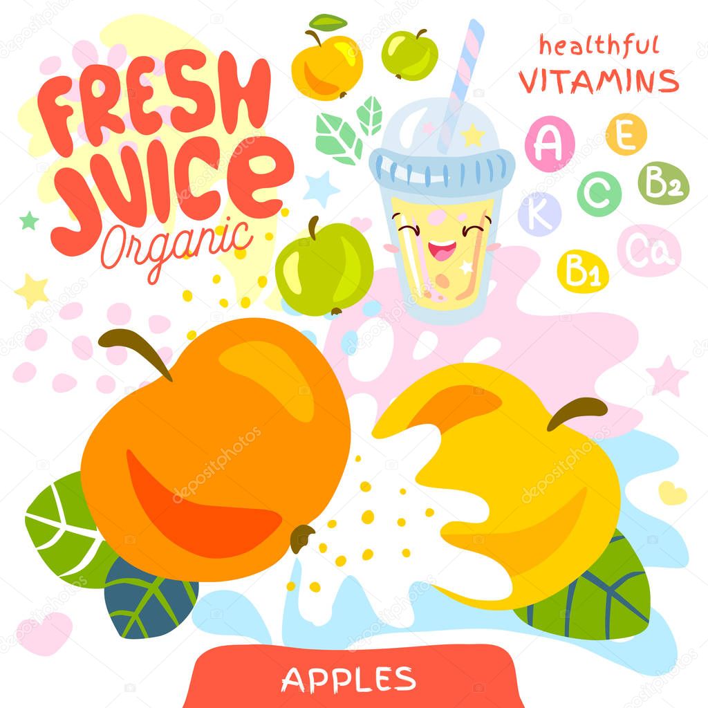 Fresh juice organic glass cute kawaii character. Abstract juicy splash fruit vitamin funny kids style. Apples yogurt smoothies cup. Vector illustration.