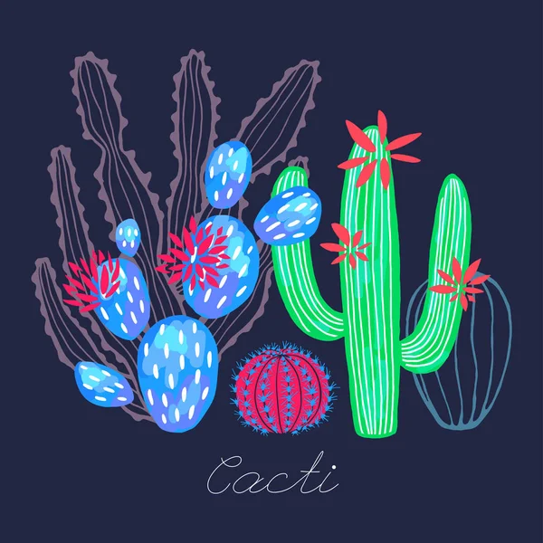 Cactus fleurs sauvages succulentes aquarelle colorée croquis de style imprimé. Botanique collection lumineuse de plantes d'intérieur sur fond blanc. Illustration vectorielle dessinée main . — Image vectorielle