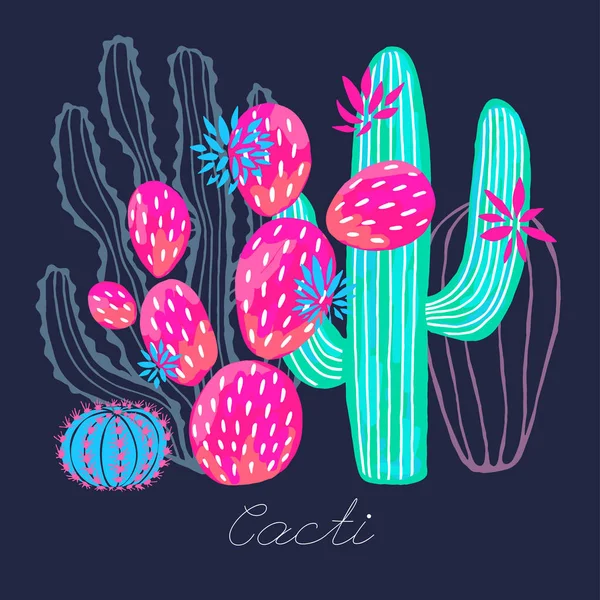 Cactus fleurs sauvages succulentes aquarelle colorée croquis de style imprimé. Botanique collection lumineuse de plantes d'intérieur sur fond blanc. Illustration vectorielle dessinée main . — Image vectorielle