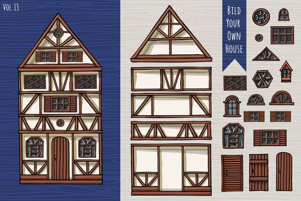 Deutsche Häuser, Sammlung von Elementen, Einzelteile, Dach, Fenster, Türen. fahverk architektur niedlich stil für postkarte design poster hintergrund spiel kinder bücher. — Stockvektor