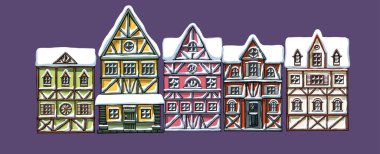 Alman evleri kış çizgi filmi koleksiyonu şehir karları Avrupa kenti caddelerinin ön cephesi renkli bina cepheleri.