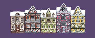 Alman evleri kış çizgi filmi koleksiyonu şehir karları Avrupa kenti caddelerinin ön cephesi renkli bina cepheleri.