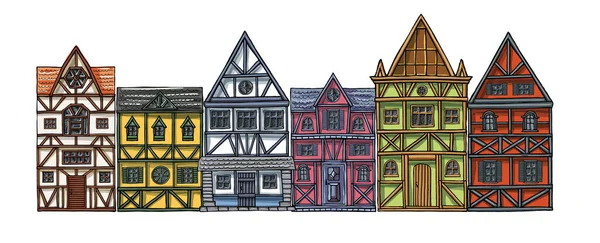 Casas alemanas colección de dibujos animados paisaje urbano vista frontal de la ciudad europea fachadas de edificios coloridos . — Vector de stock