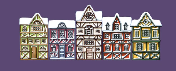 Tyska hus vinter tecknad samling urban snö landskap front utsikt över den europeiska staden gata färgglada byggnad fasader. — Stock vektor