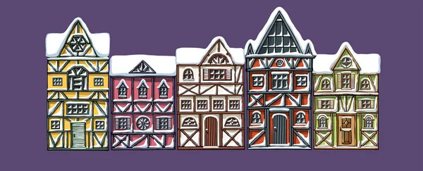 Maisons allemandes collection de dessins animés hiver paysage de neige urbaine vue de face de la rue de la ville européenne façades de bâtiments colorés — Image vectorielle