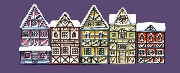 Duitse huizen winter cartoon collectie stedelijke sneeuw landschap vooraanzicht van de Europese stad straat kleurrijke gebouw gevels. — Stockvector