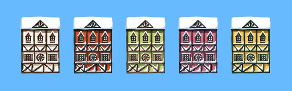 Colorful german houses cartoon collection urban landscape front view of European city street building facades. Winter snow seasons. — ストックベクタ