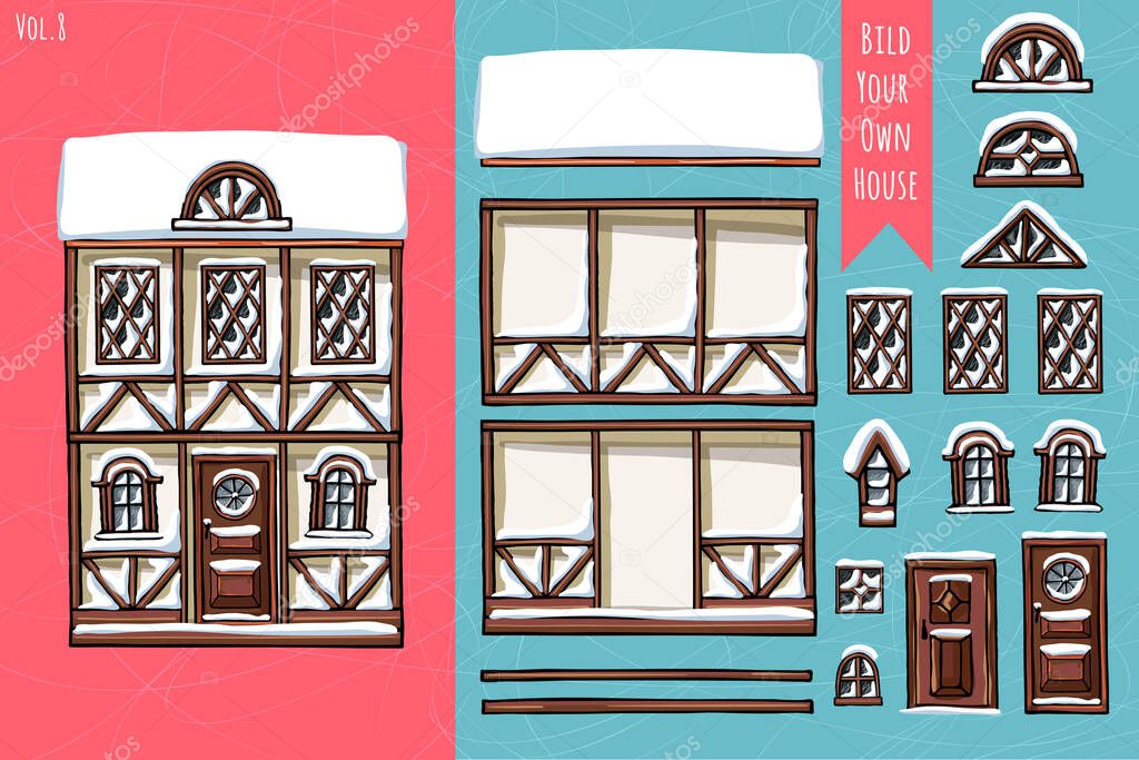 German houses, collection of elements, itemset, roof, windows, doors. Winter seasons snow for postcard design posters background game.