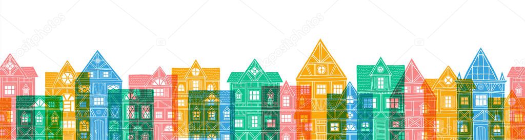 German houses cartoon seamless urban landscape white background. Front view of European city street colorful building facades silhouette.