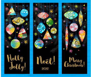 Holly Jolly, Mutlu Noeller, Noel mektupları koleksiyonu. Noel ağacı renkli süslemeler, kar taneleri yıldızların afişleri dizayn desenleri, ambalajlar