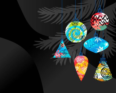 Noel tebrik kartları, yeni yıl arkaplanı, mutlu noel ağacı süslemeleri. Mevsimler dekorasyon deseni, ambalaj, kapak, afiş.