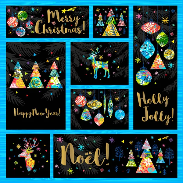 Buon anno, buon Natale, collezione di lettering Noel. ramo albero di Natale decorazione colorata, fiocchi di neve stelle banner design pattern, imballaggio , — Vettoriale Stock