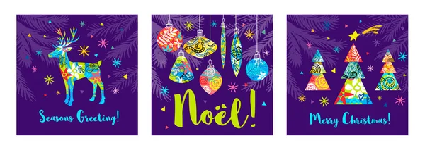 Noel lettering stagioni biglietto di auguri. Buon albero di Natale ramo colorato arredamento cervo. Nuovo anno decorazione ornamentale fiocchi di neve modello di progettazione, imballaggio — Vettoriale Stock