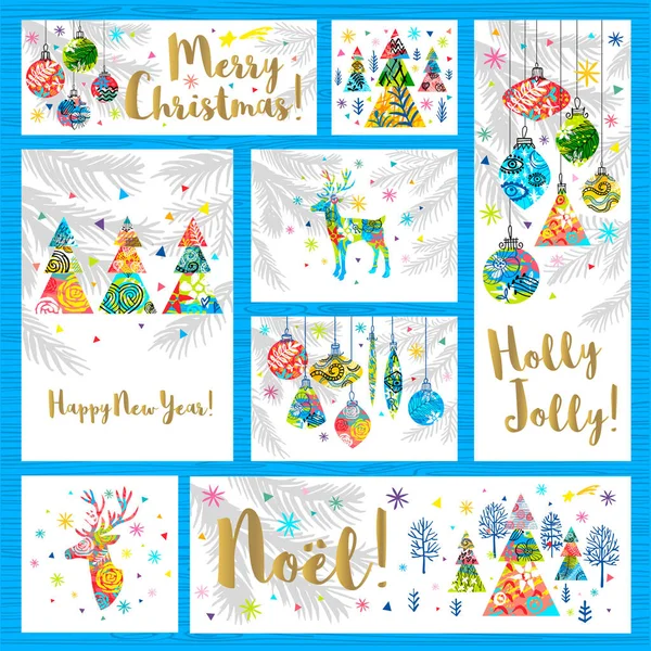 Happy New Year, Merry Christmas, Noel lettering collection. Christmas tree branch colorful decoration, snowflakes stars banners design pattern, packaging — Stock Vector