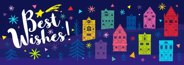 Найкраща цитата Wihses, що вимовляє вітальний банер. Різдвяна ялинка барвисті будинки будівлі фасадні зірки. Новорічний ландшафтний дизайн міста . — стоковий вектор