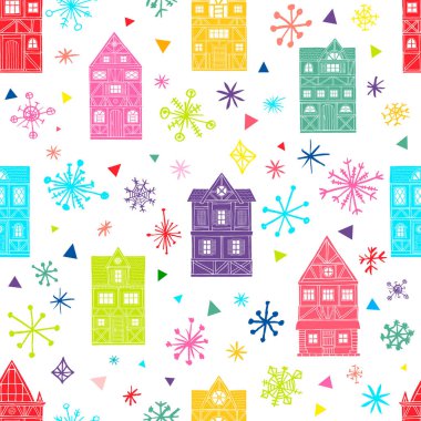 Kusursuz kış mevsimi Mutlu Noeller renkli evler binalar gökyüzü yıldızları kar taneleri. Yeni yıl şehir peyzaj tasarımı dokusu.