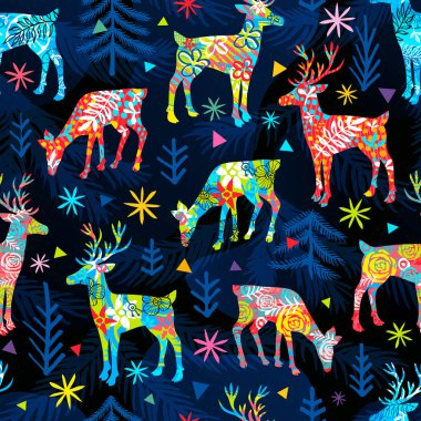 Kusursuz desenli geyik Noel ağacı süslemesi orman yıldızları kar taneleri. Renkli yeni yıl peyzajı tasarım duvar kağıdı dokusu